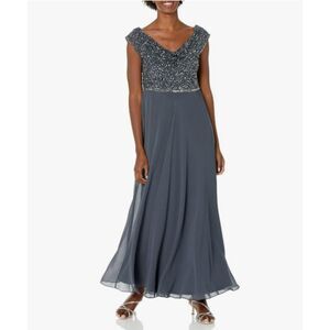 J Kara Sequins Beaded Empire Waist Gown Dress Grey Multi, 20W